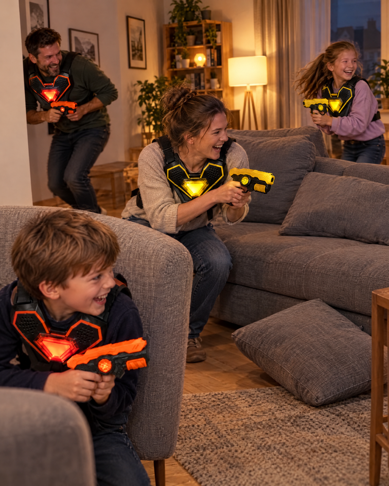 Rodzina gra w laser tag w salonie